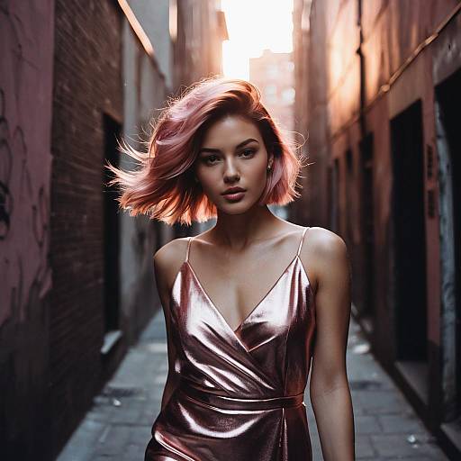 Woman with rose gold hairstyle in urban alley