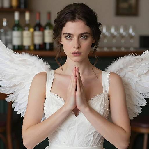 Woman in White Dress with Feathered Wings Praying