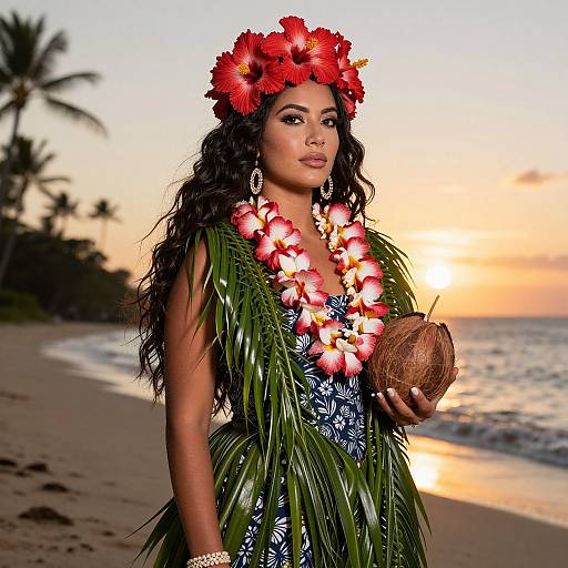 Photograph of a beautiful woman with dark curly hair, wearing a red hibiscus flower headpiece, lei, palm leaves, and holding a