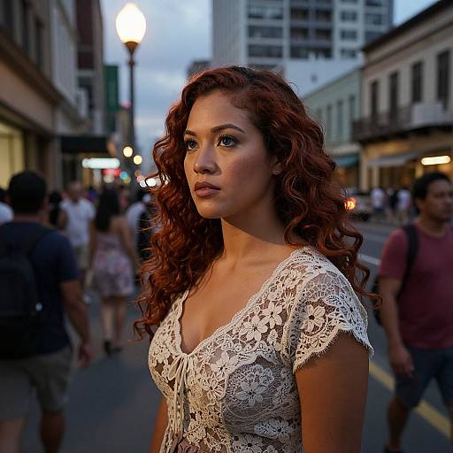 Photograph of a beautiful, curly-haired woman with fair skin and blue eyes, wearing a white lace dress, standing in a busy urban street at dusk