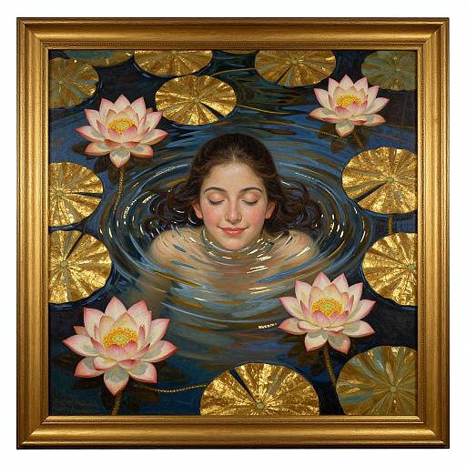 Painting of serene woman's face with closed eyes, floating in dark blue water among pink lotus flowers and golden lily pads, framed in a