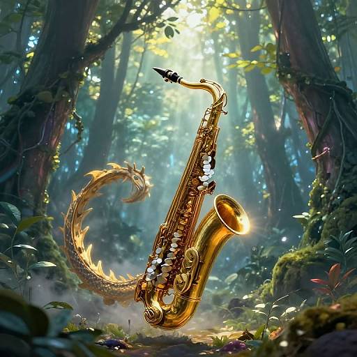 Digital fantasy artwork of a golden dragon saxophone playing in a mystical forest, illuminated by sunlight, with a small bird perched on its neck.