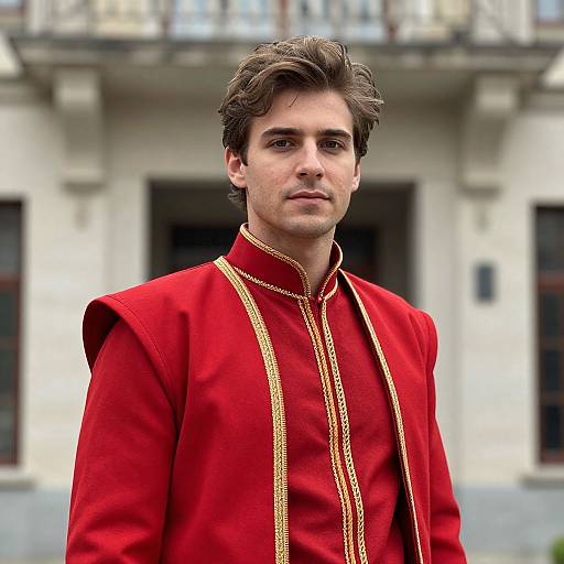 Photograph of a handsome man with wavy brown hair, wearing a vibrant red traditional outfit with gold trim, standing in front of a blurred classical building