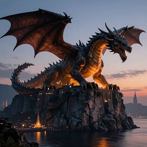 Photorealistic digital artwork of a massive, glowing dragon perched on a rocky cliff at sunset, with city lights reflecting in the water below.