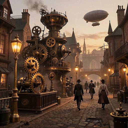 Steampunk street scene at sunset, featuring gear-filled mechanical tower, vintage lanterns, flying airship, Victorian-style buildings, and people in period