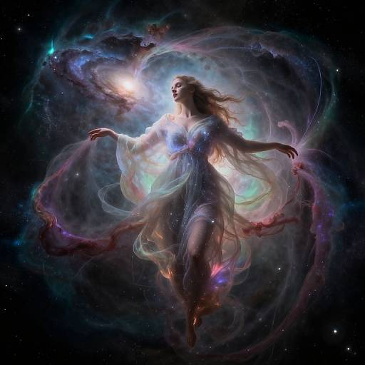 Digital art of a glowing, ethereal woman in flowing white robes, surrounded by colorful, swirling cosmic clouds and light in space.