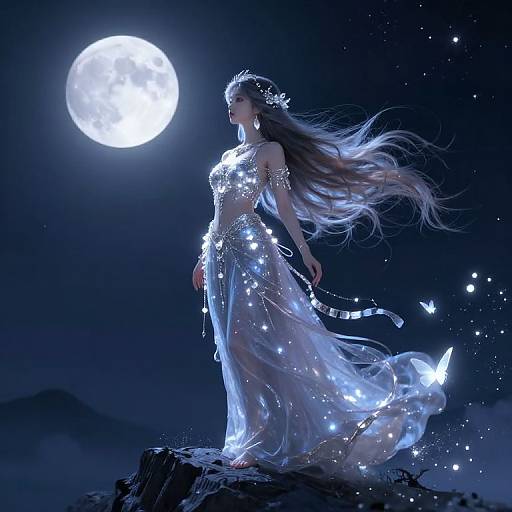Digital art: Ethereal woman in glowing, starry dress stands on rocky cliff under bright full moon, with fluttering hair and a butterfly. Dark