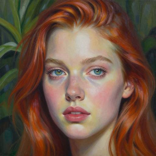 Digital painting of a fair-skinned, red-haired woman with blue eyes, soft pink lips, and subtle freckles, set against a dark green