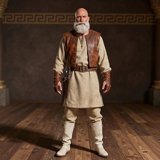 Photograph of an older bald man with a white beard, wearing a beige tunic, brown leather vest, and white boots, standing in a dim