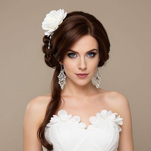 Photograph of a fair-skinned woman with blue eyes, brown hair in a side braid, white flower hairpiece, and ornate earrings,