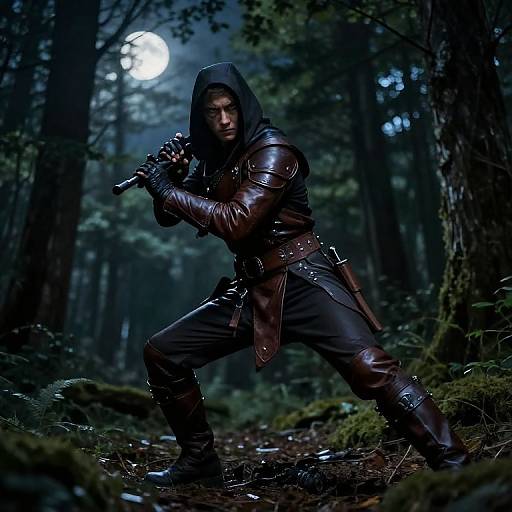 Photorealistic digital art of a hooded, leather-clad archer in a dark, moonlit forest, crouched and aiming a bow