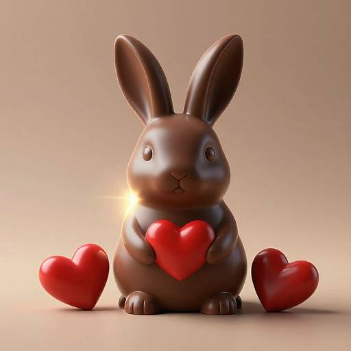 Photorealistic CGI of a shiny, brown chocolate bunny holding a red heart, with two red hearts on the beige floor.