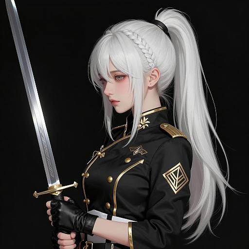 Young Woman in Ornate Military Uniform Holding Sword