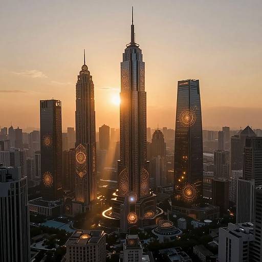 Photograph of a cityscape at sunset, featuring a cluster of tall skyscrapers with illuminated circular patterns, sun rays between them, and a winding