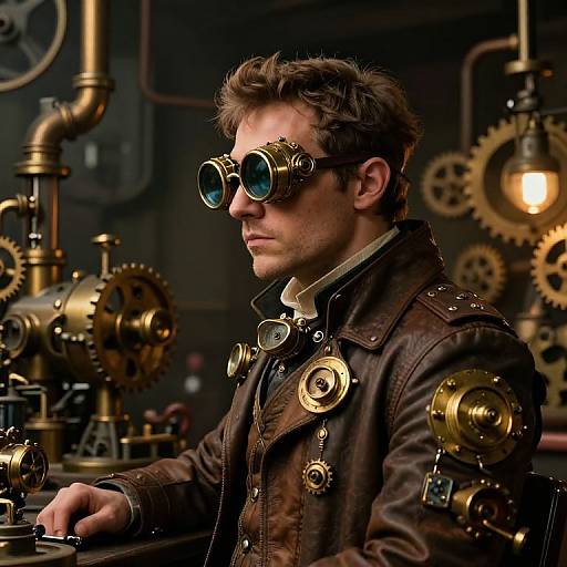 Steampunk male inventor with goggles, brown leather jacket, and brass gears, working in a dimly lit, industrial workshop. Digital art.