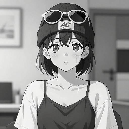 Expressive Anime Girl in Black and White