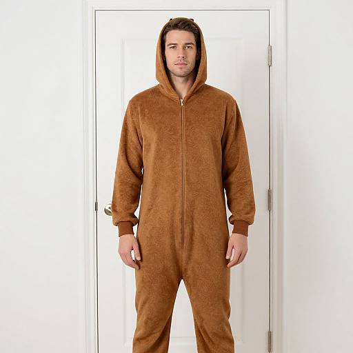 Photograph of a Caucasian man with brown hair, wearing a brown, velvety, hooded onesie, standing in front of a white door