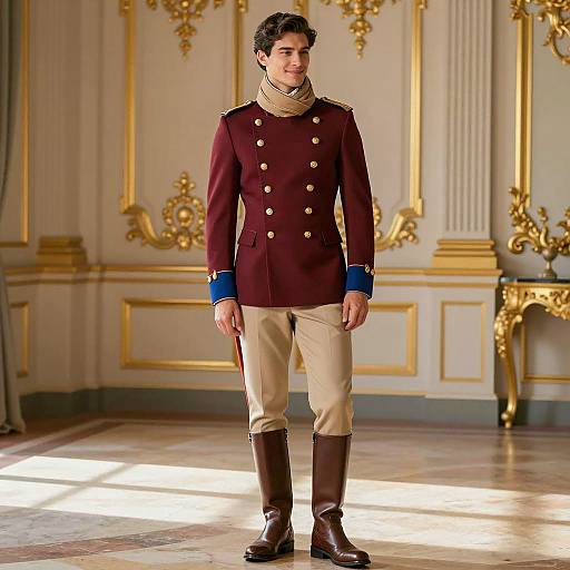 Male Model in Maroon Military-Inspired Costume