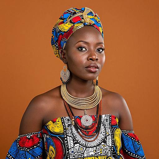 Photograph of a dark-skinned African woman with colorful headwrap, vibrant off-shoulder dress, layered gold necklaces, and large earrings,