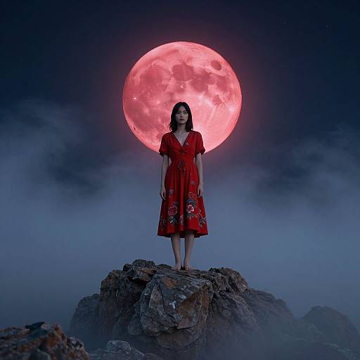 Photograph of a woman in a red floral dress standing on a rock, with a glowing red full moon behind her, against a dark, misty