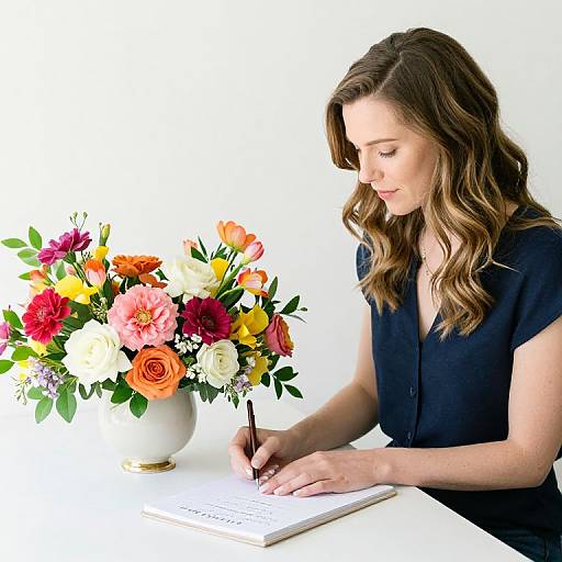 Photograph of a woman with wavy brown hair, wearing a black blouse, writing in a notebook beside a vibrant flower vase.