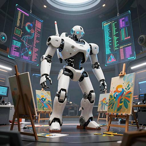 Photorealistic CGI of a white, humanoid robot standing in a neon-lit art studio, surrounded by two colorful abstract paintings on easels.