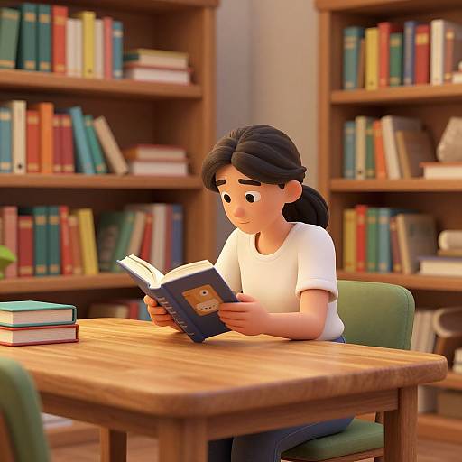 3D CGI image of a young girl with black hair, wearing a white shirt, reading a book at a wooden table in a library with colorful book