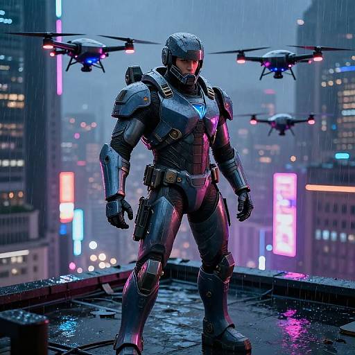 CGI image of a futuristic armored soldier with glowing blue chest emblem, standing on a rainy city rooftop, surrounded by flying drones and neon-lit skys