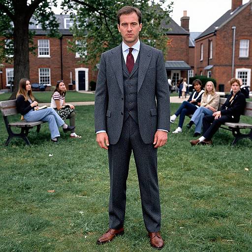 Photograph of a serious, fair-skinned man in a dark gray three-piece suit and red tie, standing on green grass, with people seated on