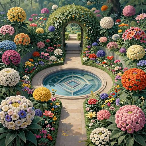 Vibrant, detailed digital painting of a lush garden with colorful flowers, a stone archway, and a circular blue water feature.