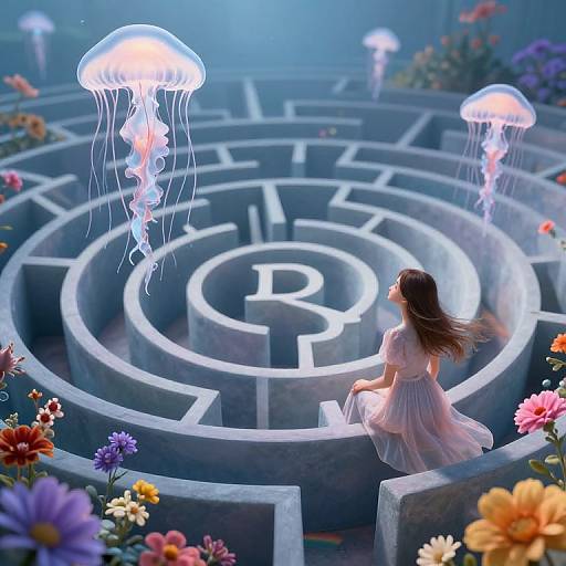 Digital art: A girl in a flowing pink dress sits at the center of a glowing maze, surrounded by vibrant flowers and floating jellyfish.