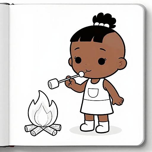 Cartoon drawing of a dark-skinned girl with a topknot, wearing a white dress, roasting marshmallows over a small campfire