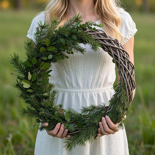 Photograph of a blonde woman in a white dress holding a green pine and leaf wreath against a blurred green field background.