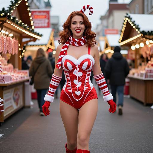 Photograph of a red-haired woman in a festive, red and white Christmas-themed bodysuit, gloves, and hat, walking through a brightly lit