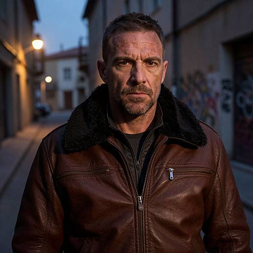 Photograph of a rugged, middle-aged man with short hair and beard, wearing a brown leather jacket with fur collar, standing on a dimly-l