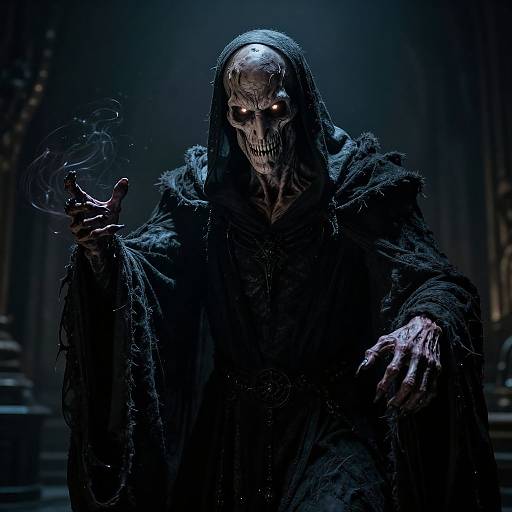 Photorealistic digital artwork of a skeletal, glowing-eyed figure in a tattered black hooded cloak, conjuring dark smoke with a blood-stained