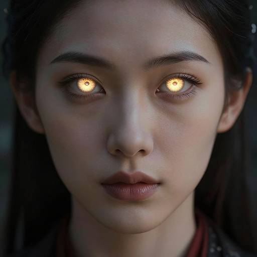 Close-up photograph of an Asian woman with glowing, amber-colored eyes and smooth, fair skin, dark hair, and neutral expression. Dark background.