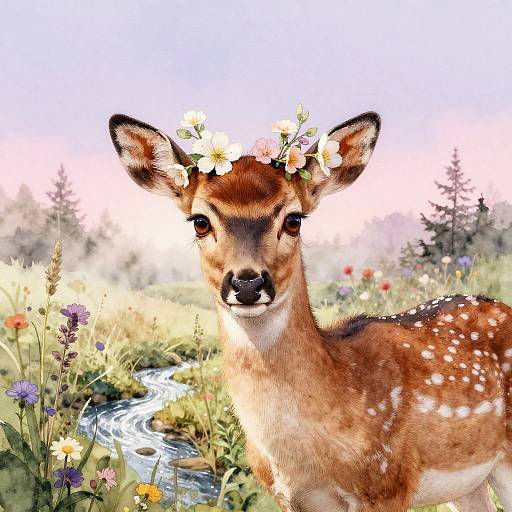 Digital painting of a cute, brown deer with white spots, wearing a flower crown, standing in a colorful meadow beside a flowing stream.
