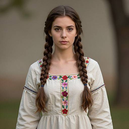 Photograph of a young woman with long brown braided hair, wearing a white embroidered dress with red and green floral patterns, standing outdoors with a blurred