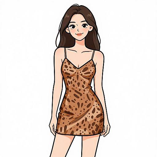 Digital illustration of a cute, fair-skinned woman with long black hair, wearing a tight, leopard-print, spaghetti-strap mini dress, standing against