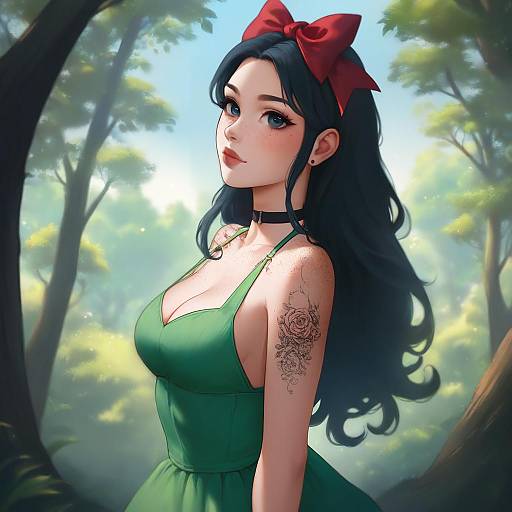 Tattooed Forest Maiden in Green Dress
