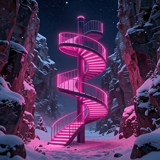 Neon pink spiral staircase in a snow-covered, starry night forest, surrounded by towering rocky cliffs with snow-capped tops. Digital art.