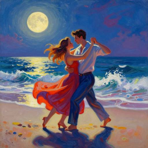 Digital painting of a dancing couple under a full moon, with the woman in a flowing red dress and the man in a white shirt and blue pants,
