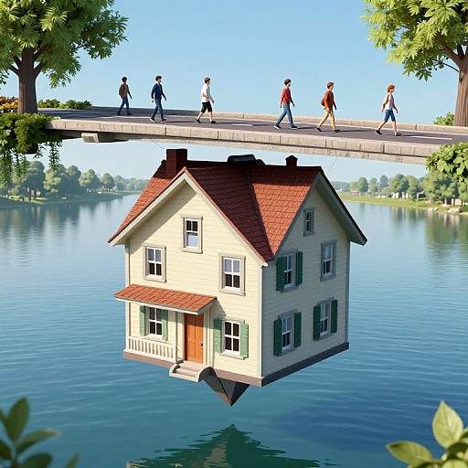 CGI image: Floating house on a calm lake, with a bridge above, pedestrians walking, surrounded by green trees and blue sky.