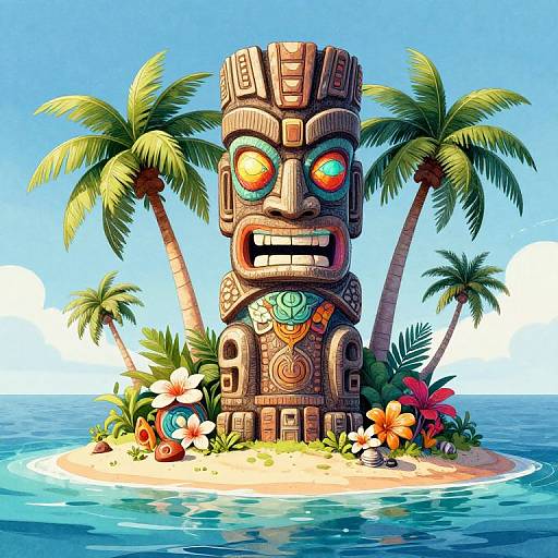 Colorful digital illustration of a Polynesian wooden totem on a small island with palm trees, vibrant flowers, and blue ocean.