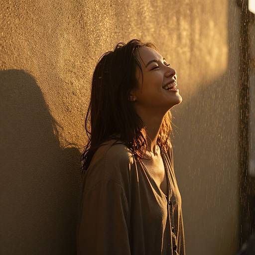 Photograph of a smiling woman with wet hair, leaning against a sunlit, textured wall, bathed in warm golden light, with raindrops visible