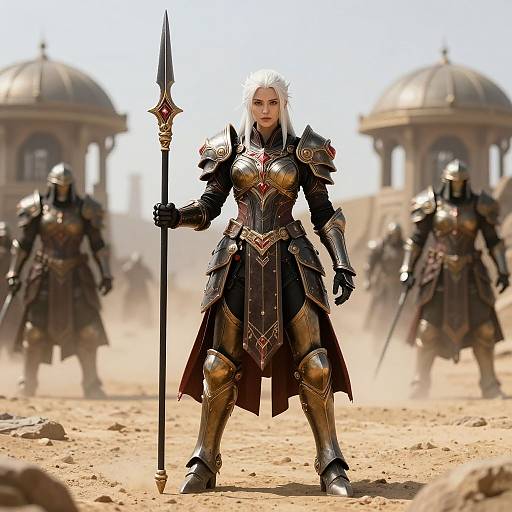 Digital artwork of a silver-haired, armored warrior woman with a spear, standing confidently in a desert, surrounded by armored soldiers under domed structures.