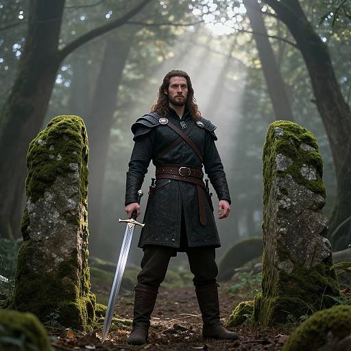 Photograph of a tall, muscular man with long brown hair and beard, wearing black medieval armor, standing between moss-covered stone pillars in a misty