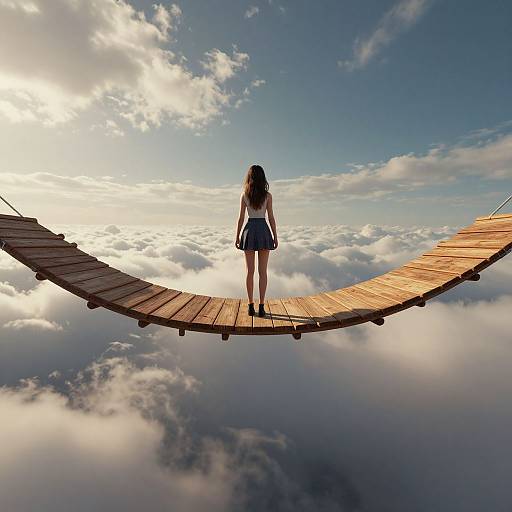 Photograph of a woman with long brown hair, wearing a white top and blue skirt, standing on a wooden suspension bridge above fluffy clouds, with a