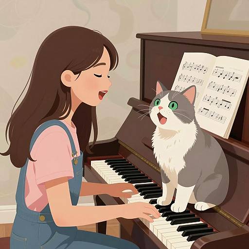 Singing Girl and Cat on Piano Keys